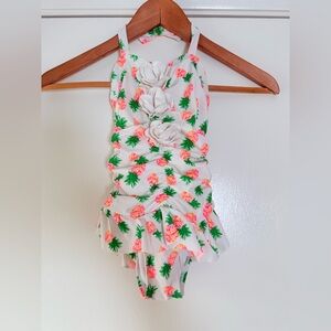 Janie and Jack Girls Pineapple One Piece Swimsuit 3D Blooms Neon Pink White